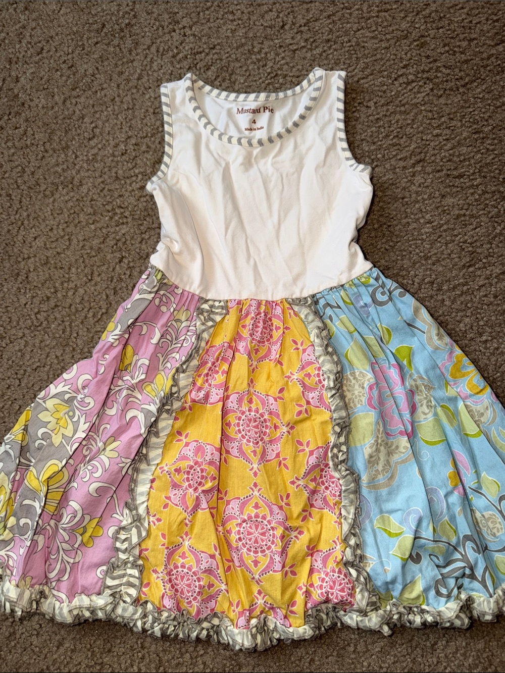 Mustard Pie White Tank Dress with Pink Yellow Blue Patchwork Skirt
